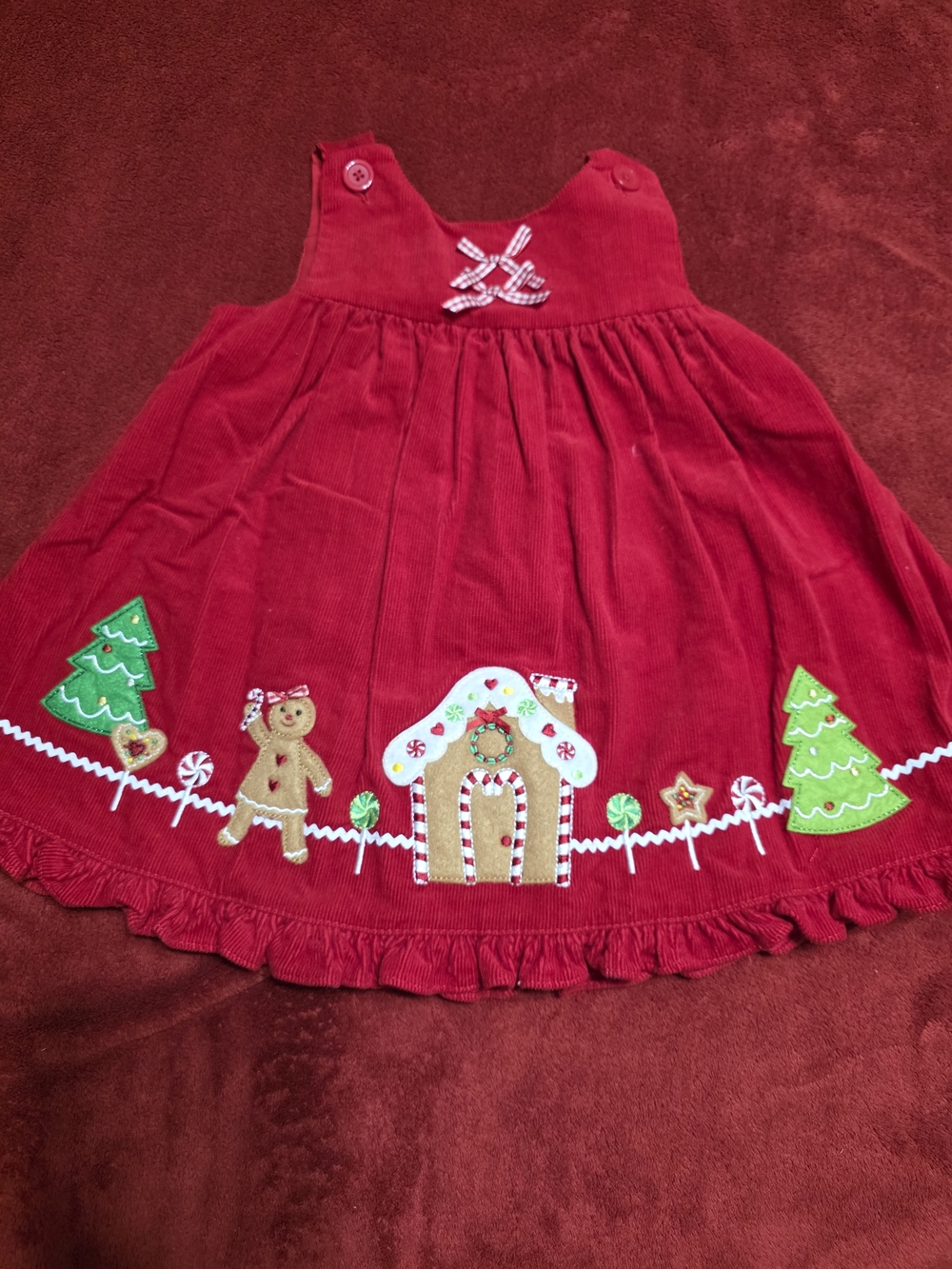 Girls' Red Holiday Corduroy Dress with Gingerbread Embroidery